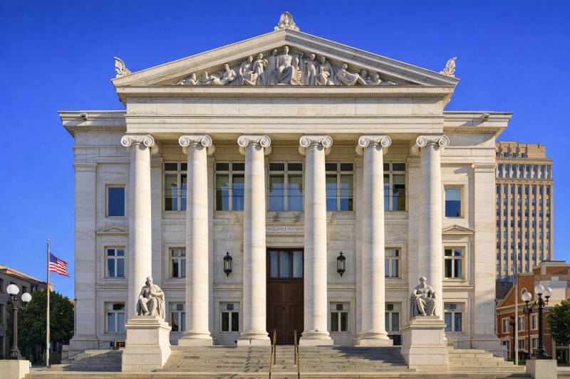 New Haven County Courthouse in Connecticut with Corinthian columns, sculpted pediment, and marble façade under a clear blue sky—symbolizing DIY court claims, step-by-step legal guidance, and accessible justice for individuals.