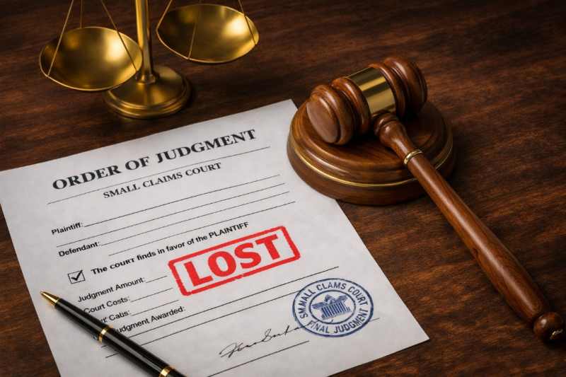 Close-up of small claims court judgment paper marked LOST in red beside a wooden gavel and scales—illustrating the emotional impact of losing a case and facing legal consequences.